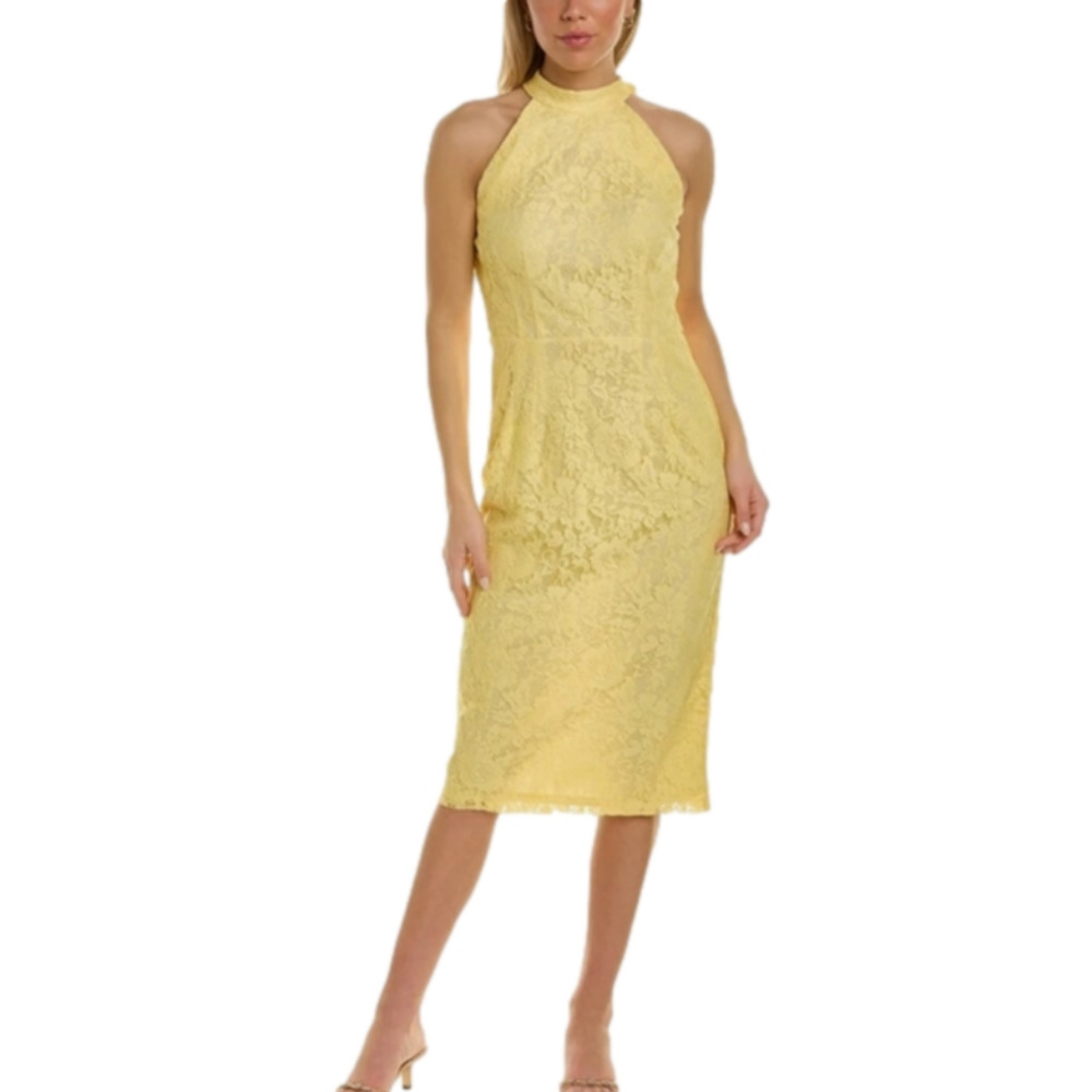 Maison Tara lemon yellow lace halter midi dress‎ size 12 14 new!